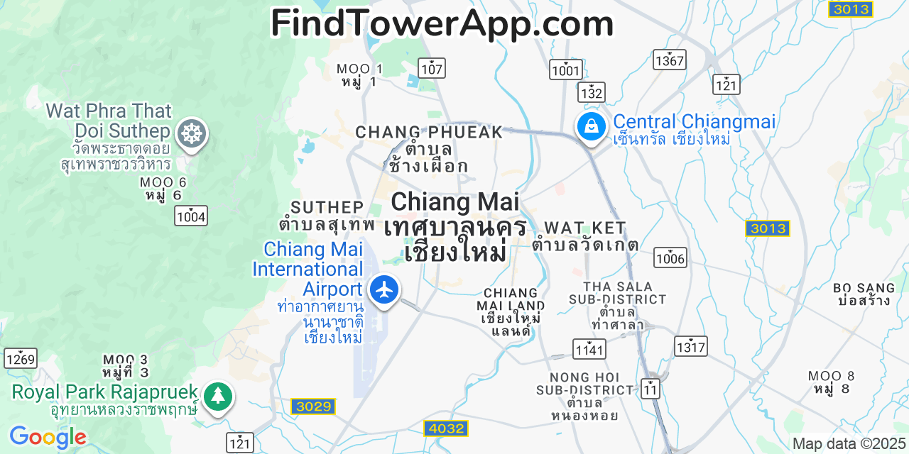 Map showing the 0 primary TOT-Public-Company cell tower locations detected in Chiang Mai, Thailand with coverage radius and signal strength indicators