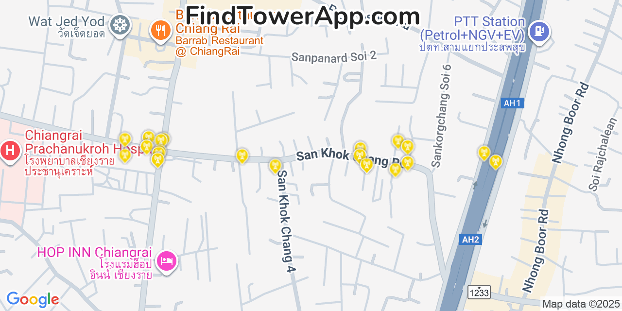 Map showing the 20 primary cell tower locations detected in Chiang Rai, Thailand with coverage areas and signal strength
