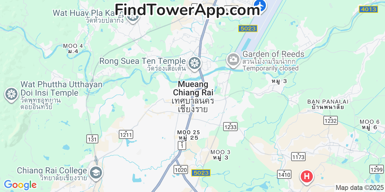 Map showing the 0 primary TOT-Public-Company cell tower locations detected in Chiang Rai, Thailand with coverage radius and signal strength indicators