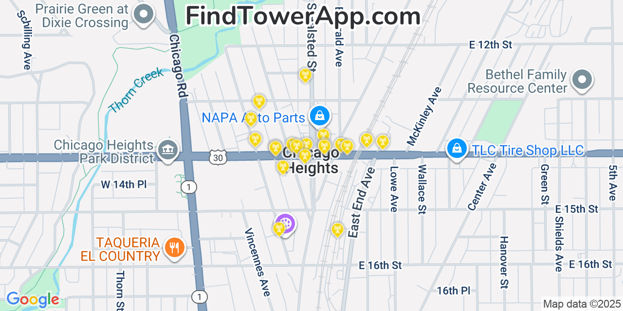 Map showing the 20 primary cell tower locations detected in Chicago Heights, Illinois from AT&T, Verizon, and T-Mobile networks