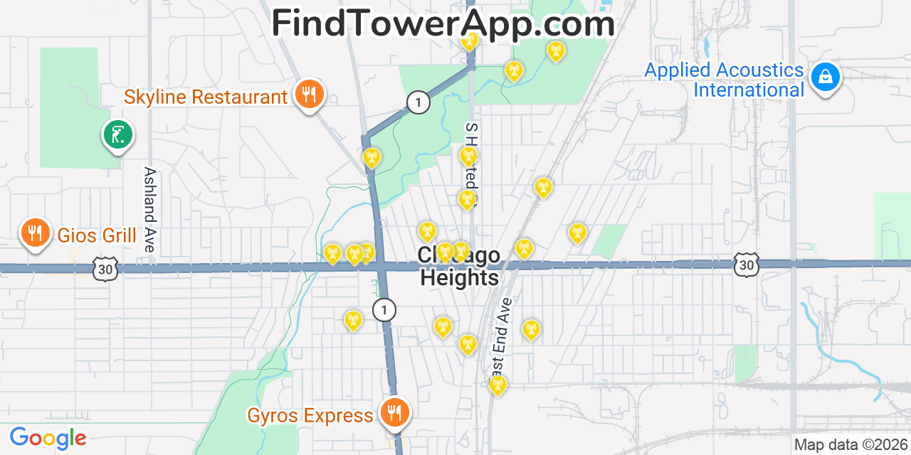 Map showing the 20 primary cell tower locations detected in Chicago Heights, Illinois from AT&T, Verizon, and T-Mobile networks