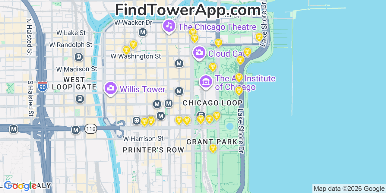 Map showing the 20 primary cell tower locations detected in Chicago, Illinois from AT&T, Verizon, and T-Mobile networks
