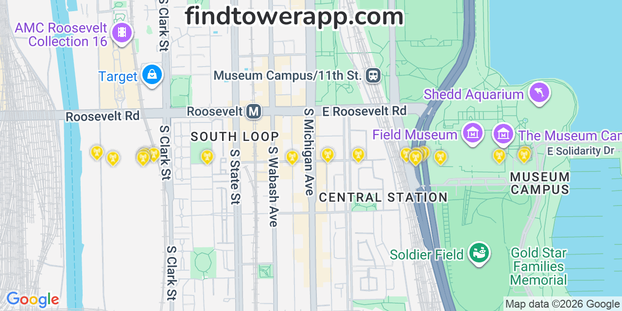 Map showing the 20 primary cell tower locations detected in Chicago, Illinois from AT&T, Verizon, and T-Mobile networks