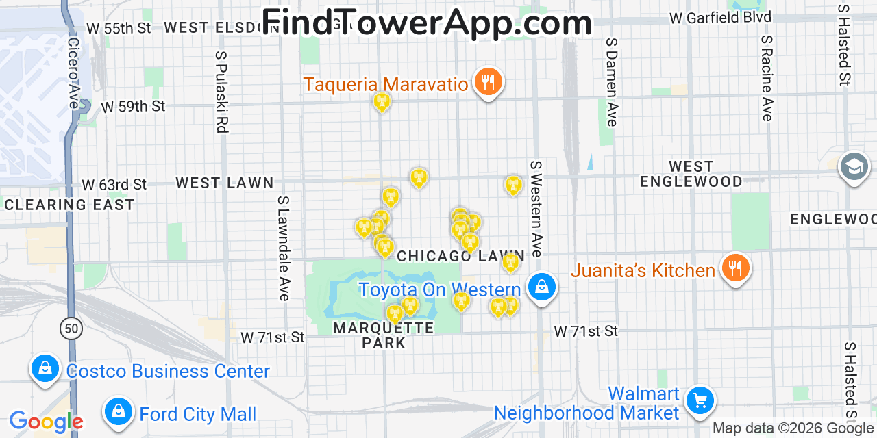 Map showing the 20 primary cell tower locations detected in Chicago Lawn, Illinois from AT&T, Verizon, and T-Mobile networks