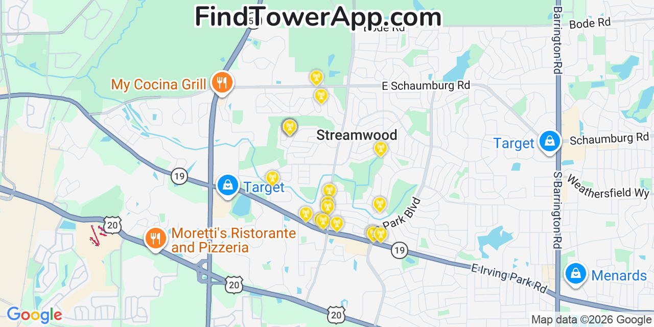 Map showing the 20 primary cell tower locations detected in Chicago Loop, Illinois from AT&T, Verizon, and T-Mobile networks