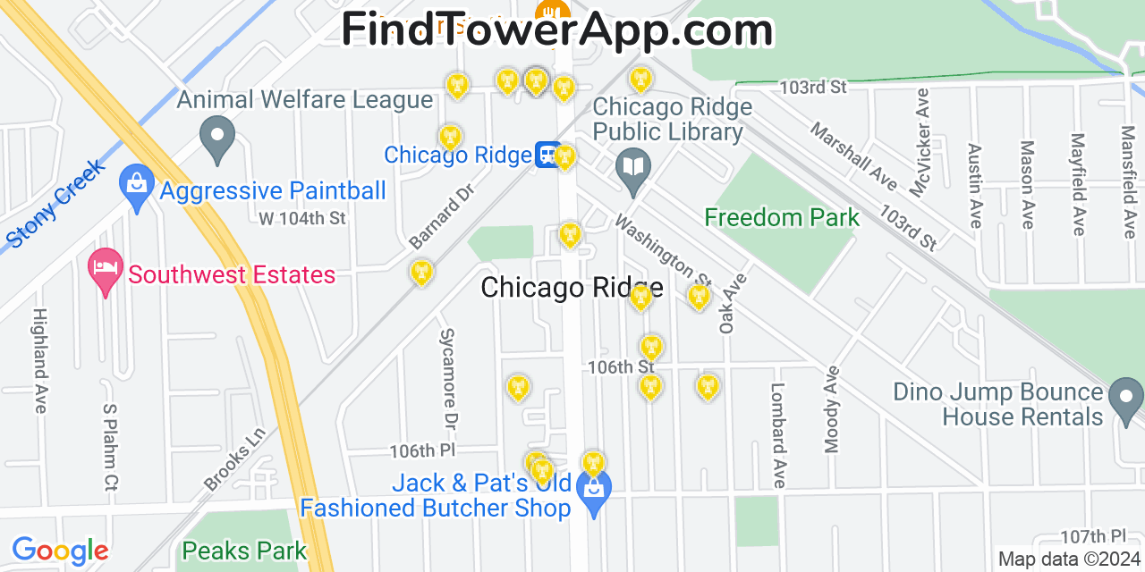 AT&T 4G/5G cell tower coverage map Chicago Ridge, Illinois