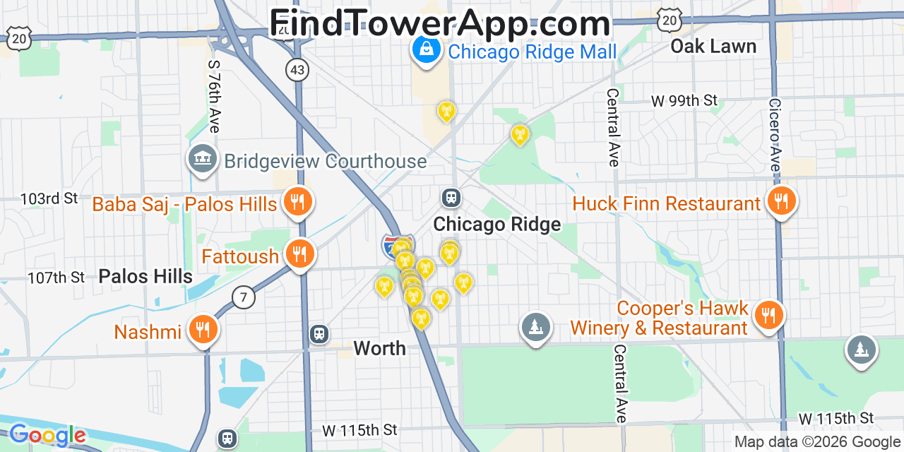 Map showing the 20 primary cell tower locations detected in Chicago Ridge, Illinois from AT&T, Verizon, and T-Mobile networks