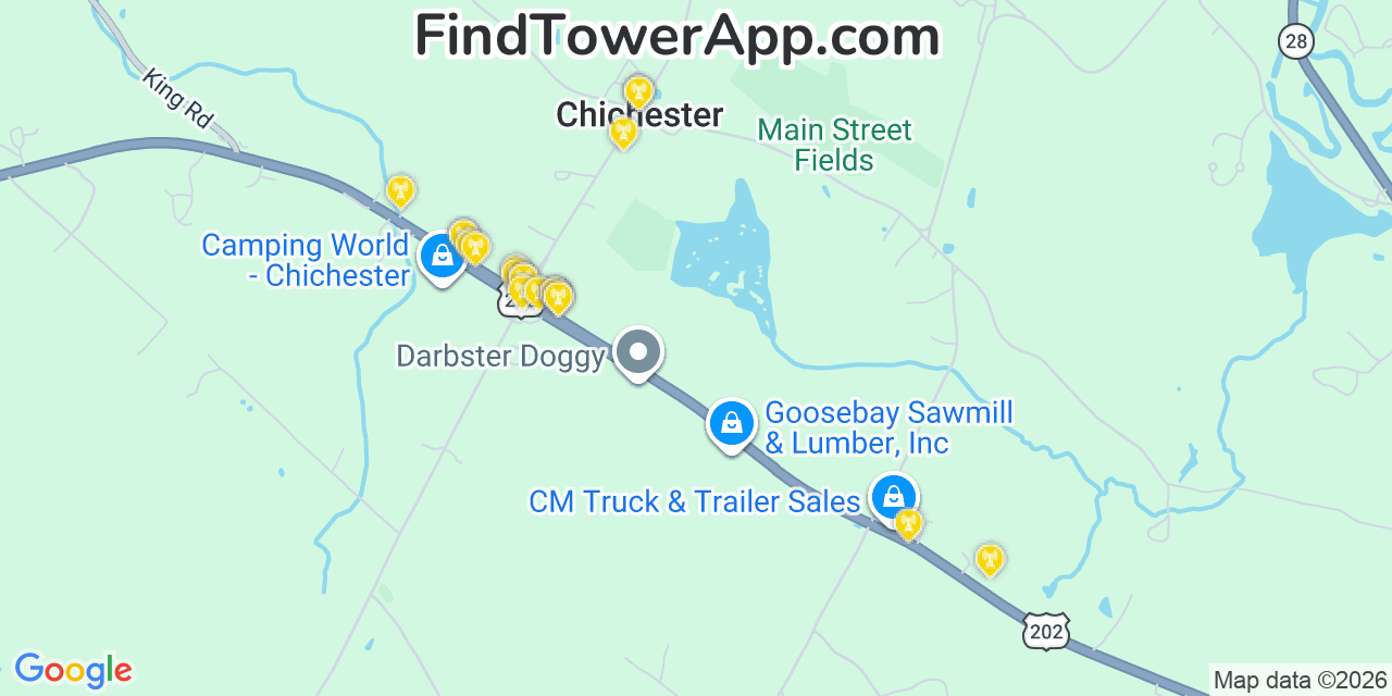 Map showing the 20 primary cell tower locations detected in Chichester, New Hampshire from AT&T, Verizon, and T-Mobile networks