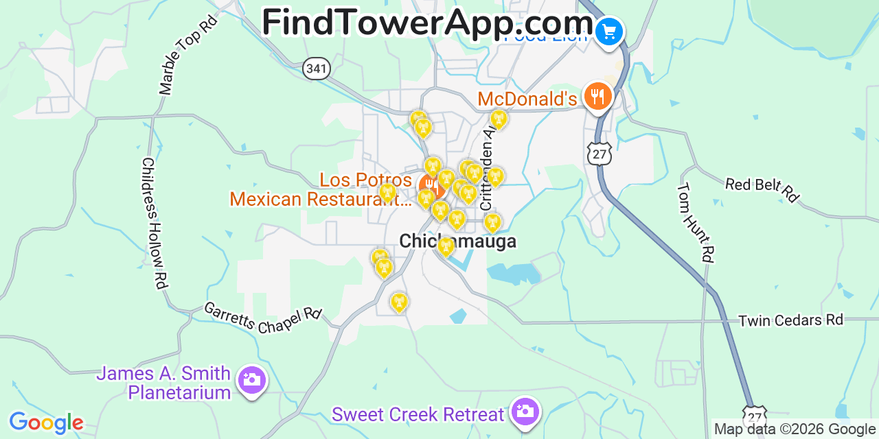 Map showing the 20 primary cell tower locations detected in Chickamauga, Georgia from AT&T, Verizon, and T-Mobile networks