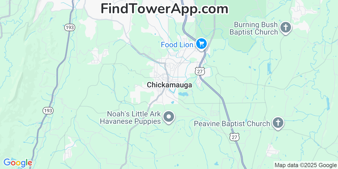 Map showing the 20 primary Mobitel cell tower locations detected in Chickamauga, Georgia with coverage radius and signal strength indicators