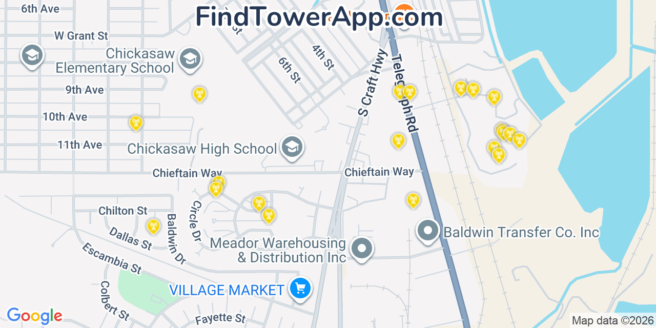 Map showing the 20 primary cell tower locations detected in Chickasaw, Alabama from AT&T, Verizon, and T-Mobile networks