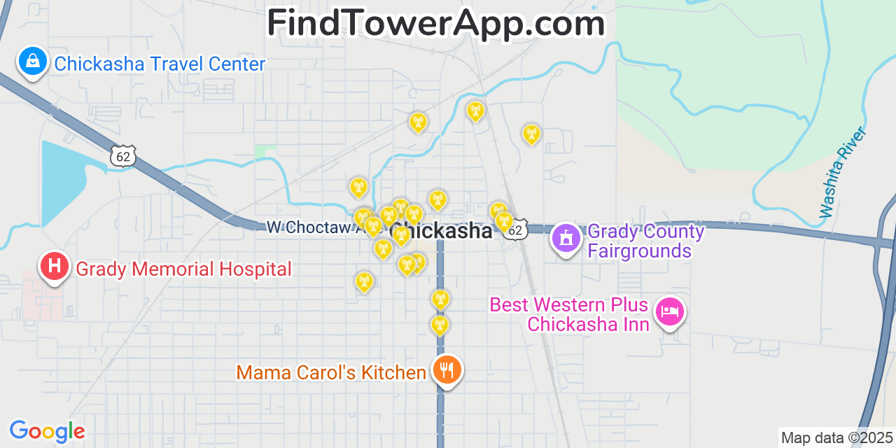 Map showing the 20 primary cell tower locations detected in Chickasha, Oklahoma from AT&T, Verizon, and T-Mobile networks