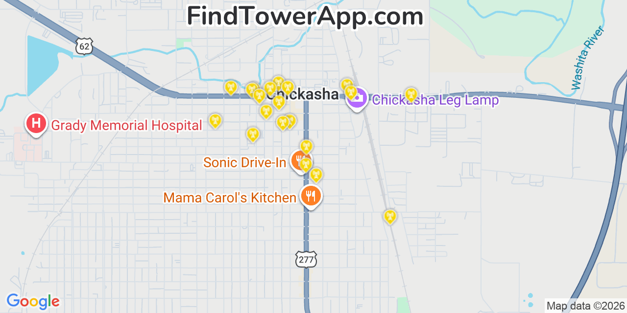 Map showing the 20 primary cell tower locations detected in Chickasha, Oklahoma from AT&T, Verizon, and T-Mobile networks