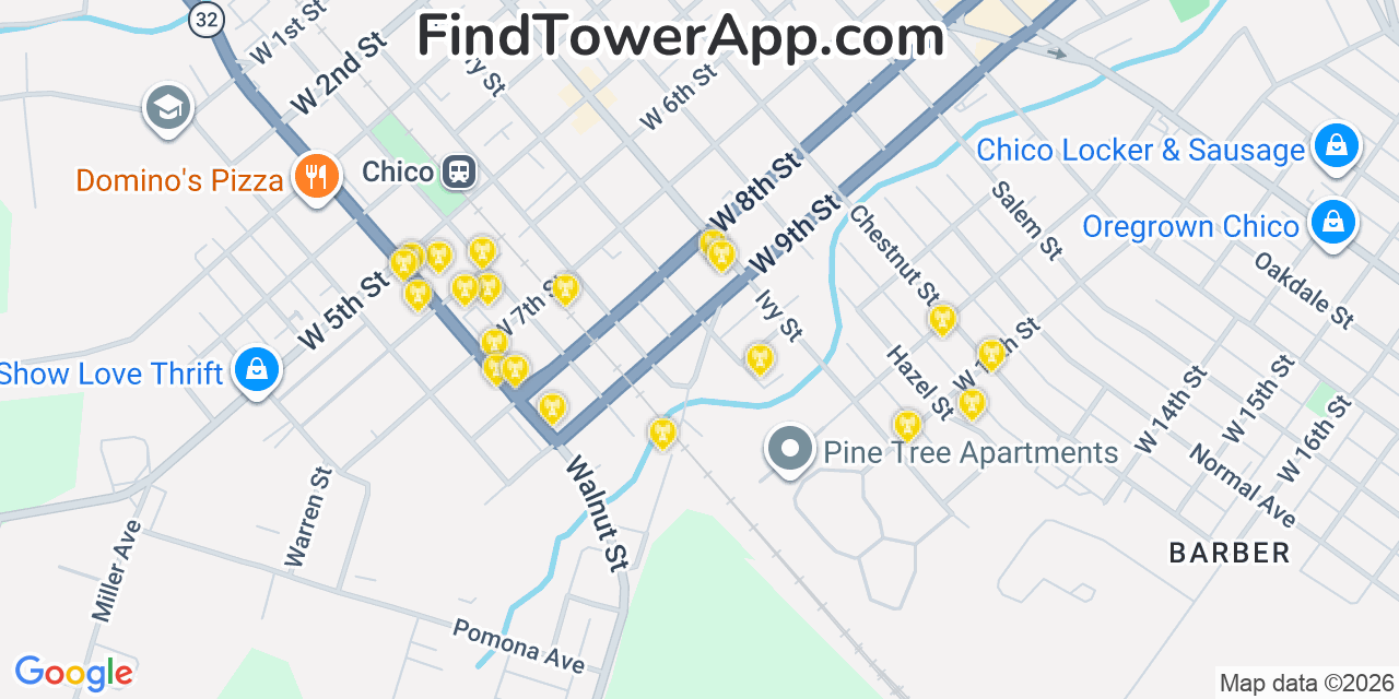 Map showing the 20 primary cell tower locations detected in Chico, California from AT&T, Verizon, and T-Mobile networks
