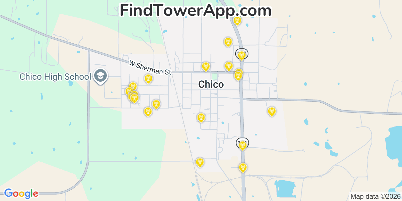 Map showing the 20 primary cell tower locations detected in Chico, Texas from AT&T, Verizon, and T-Mobile networks