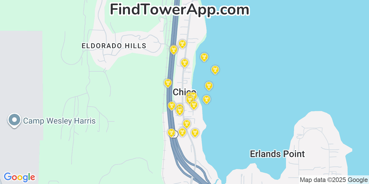 Map showing the 20 primary cell tower locations detected in Chico, Washington from AT&T, Verizon, and T-Mobile networks