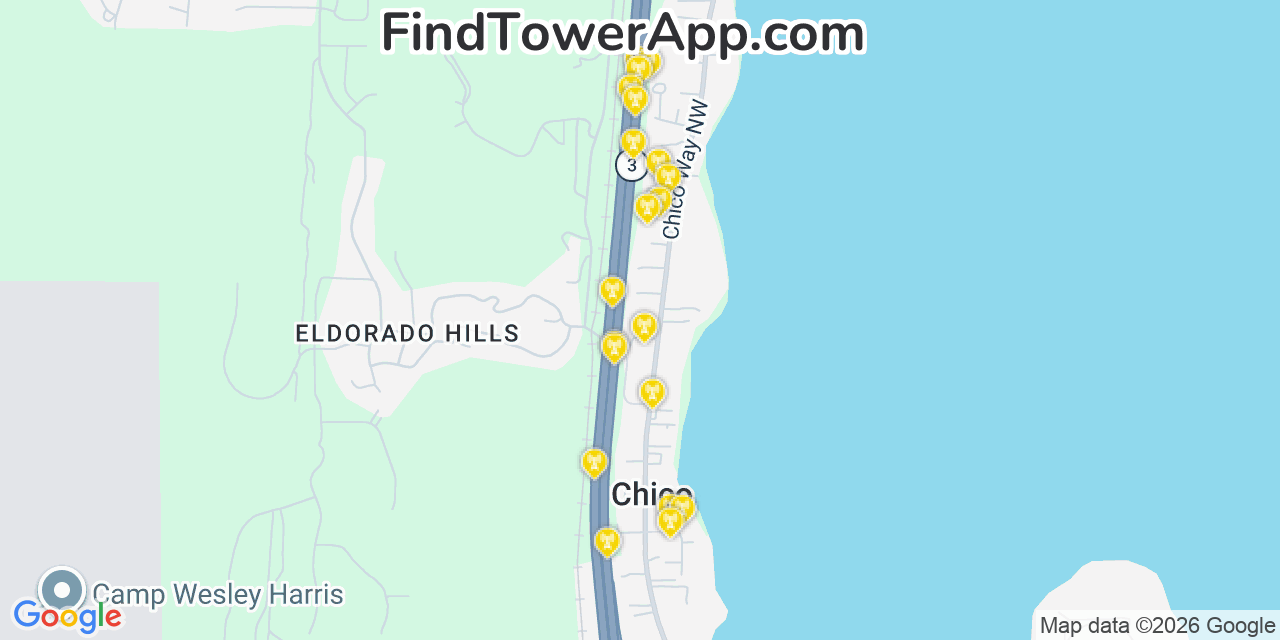 Map showing the 20 primary cell tower locations detected in Chico, Washington from AT&T, Verizon, and T-Mobile networks