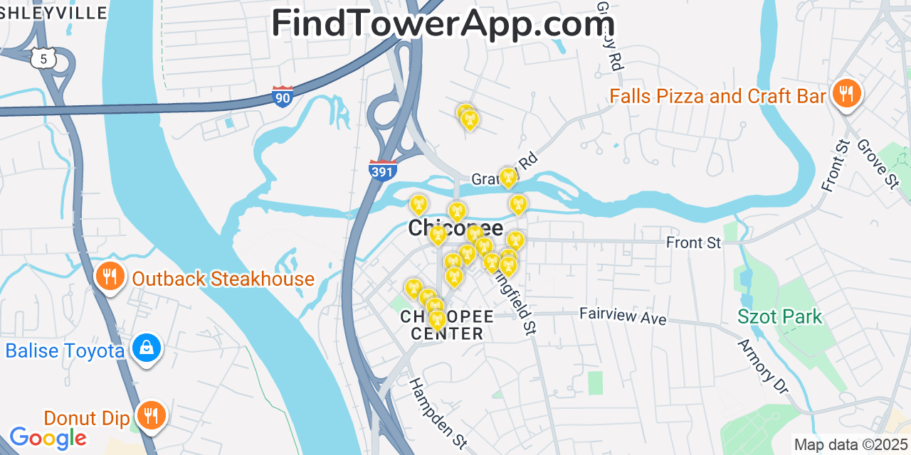 Map showing the 20 primary cell tower locations detected in Chicopee, Massachusetts from AT&T, Verizon, and T-Mobile networks