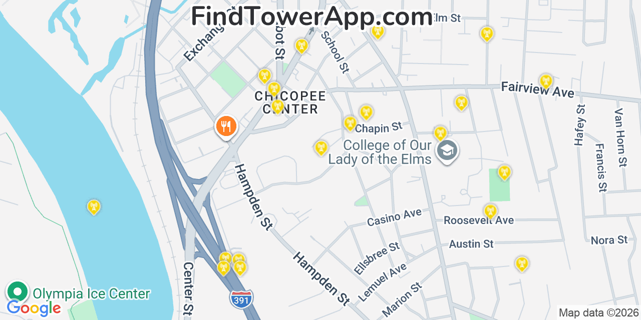Map showing the 20 primary cell tower locations detected in Chicopee, Massachusetts from AT&T, Verizon, and T-Mobile networks