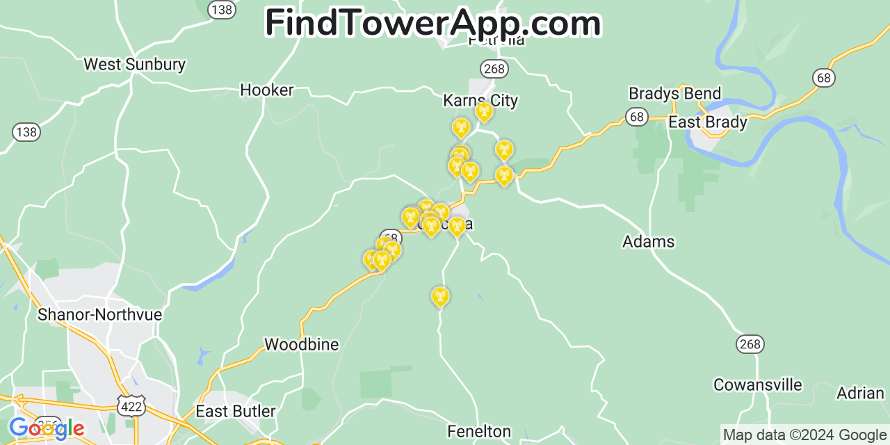 AT&T 4G/5G cell tower coverage map Chicora, Pennsylvania