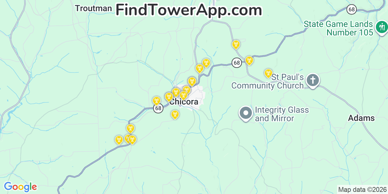 Map showing the 20 primary cell tower locations detected in Chicora, Pennsylvania from AT&T, Verizon, and T-Mobile networks