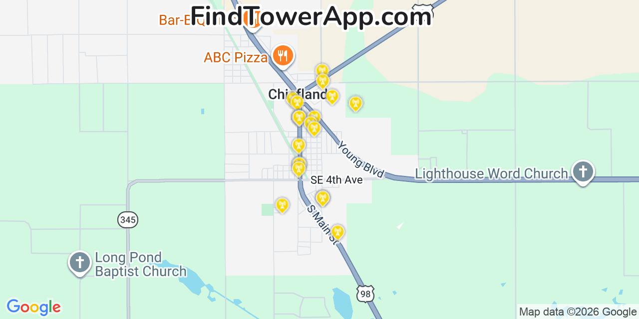 Map showing the 20 primary cell tower locations detected in Chiefland, Florida from AT&T, Verizon, and T-Mobile networks