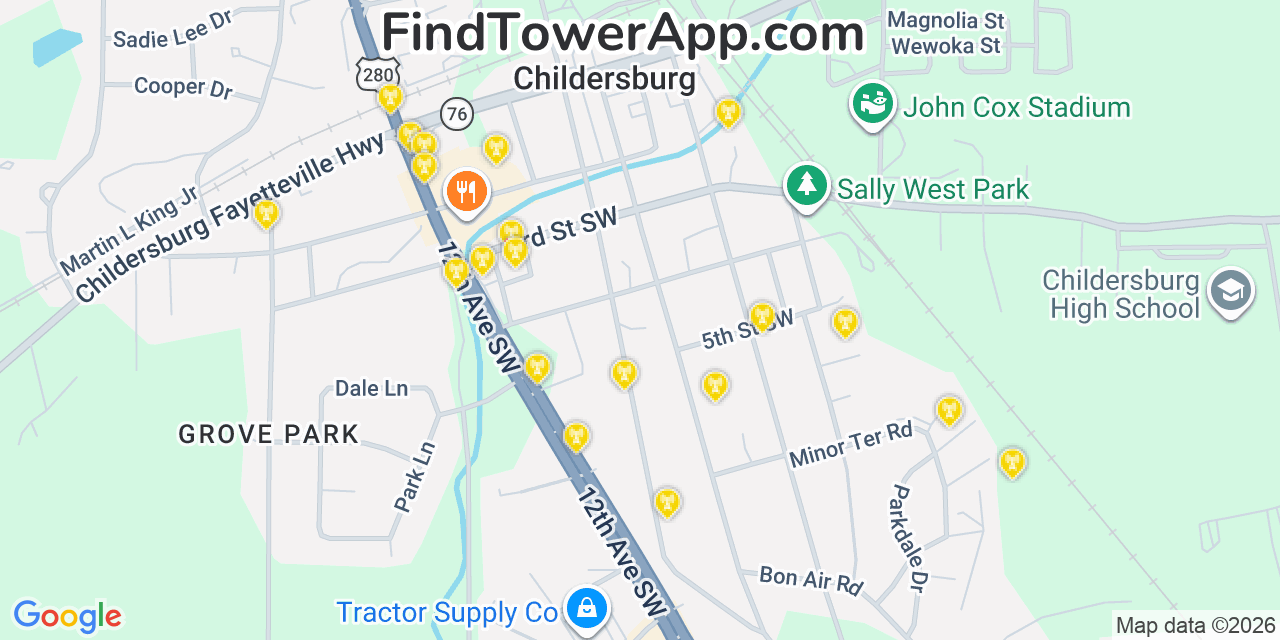 Map showing the 20 primary cell tower locations detected in Childersburg, Alabama from AT&T, Verizon, and T-Mobile networks