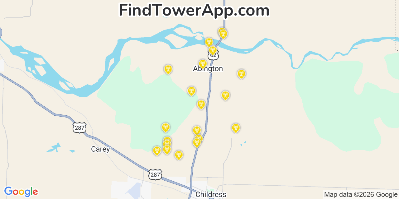 Map showing the 20 primary cell tower locations detected in Childress, Texas from AT&T, Verizon, and T-Mobile networks
