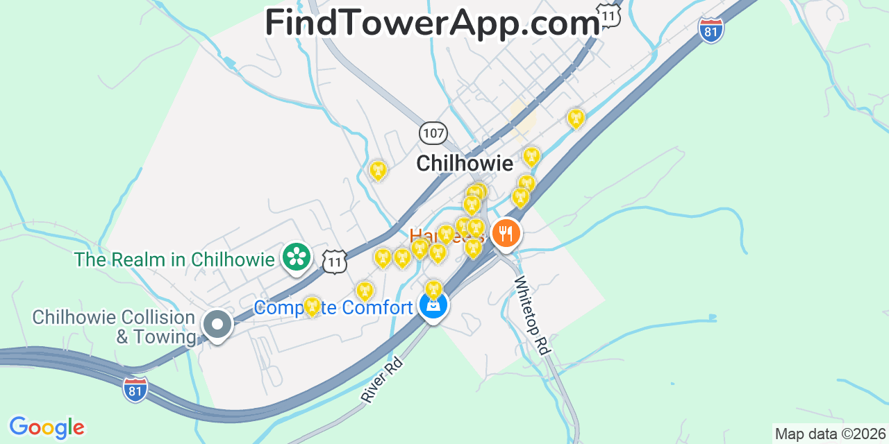 Map showing the 20 primary cell tower locations detected in Chilhowie, Virginia from AT&T, Verizon, and T-Mobile networks