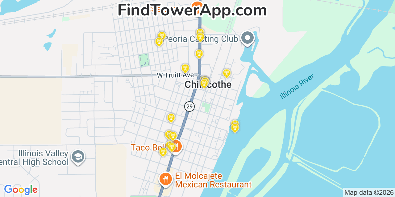 Map showing the 20 primary cell tower locations detected in Chillicothe, Illinois from AT&T, Verizon, and T-Mobile networks
