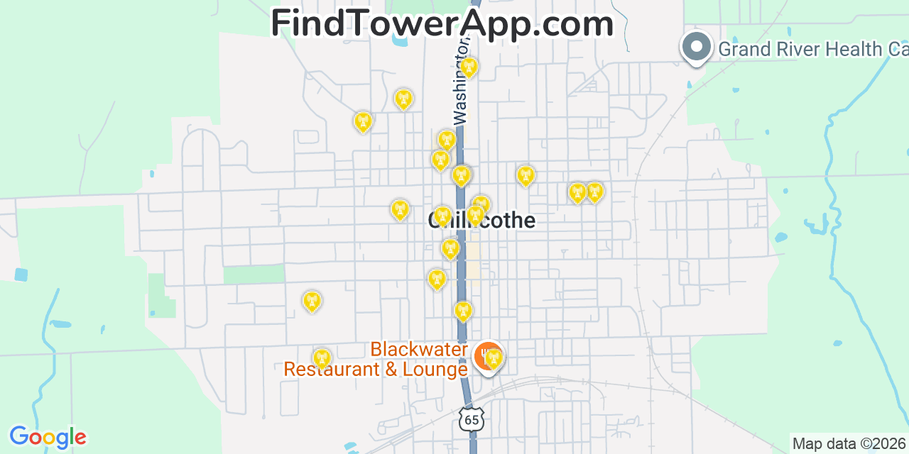 Map showing the 20 primary cell tower locations detected in Chillicothe, Missouri from AT&T, Verizon, and T-Mobile networks