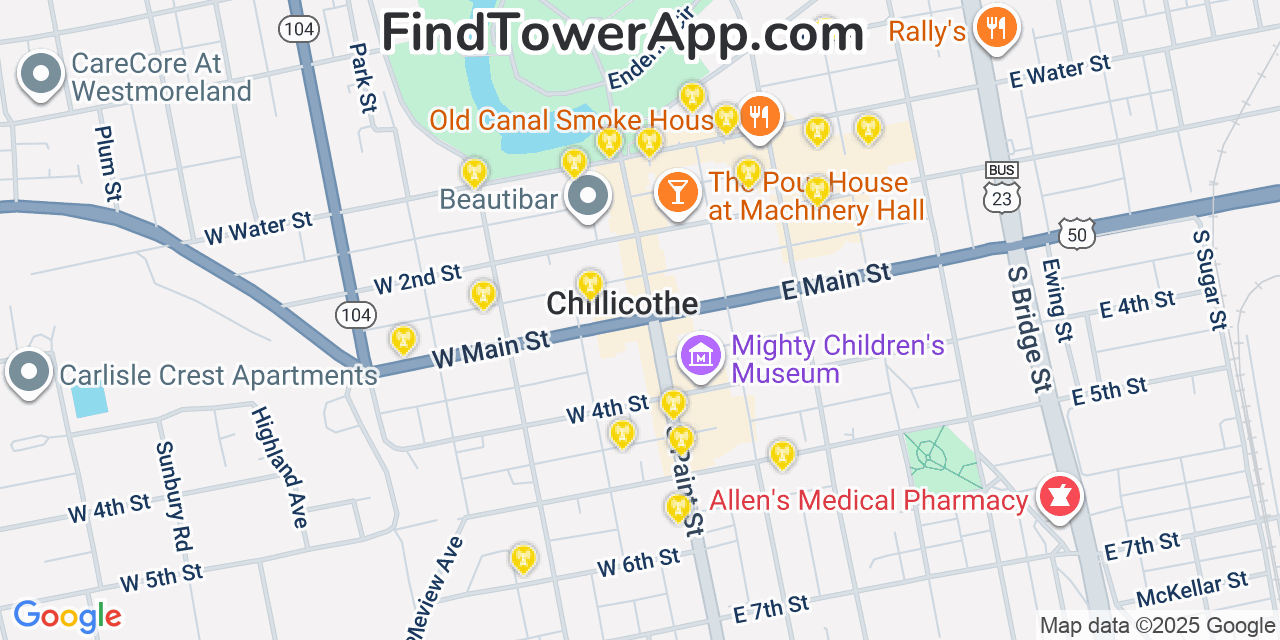Map showing the 20 primary cell tower locations detected in Chillicothe, Ohio from AT&T, Verizon, and T-Mobile networks