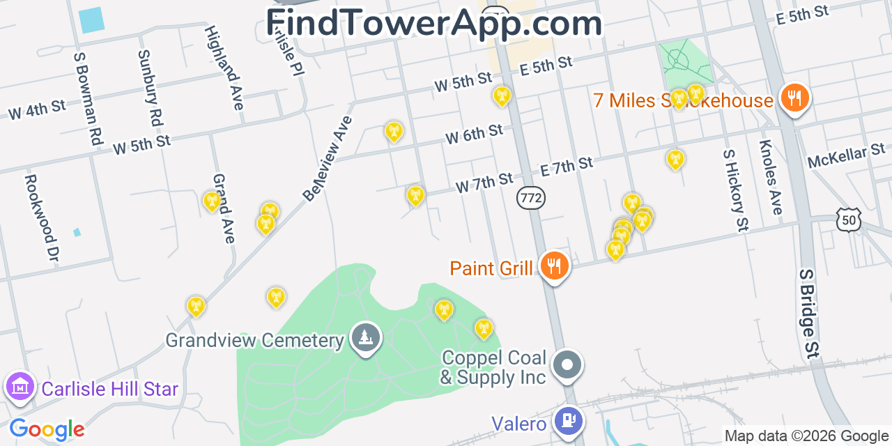 Map showing the 20 primary cell tower locations detected in Chillicothe, Ohio from AT&T, Verizon, and T-Mobile networks