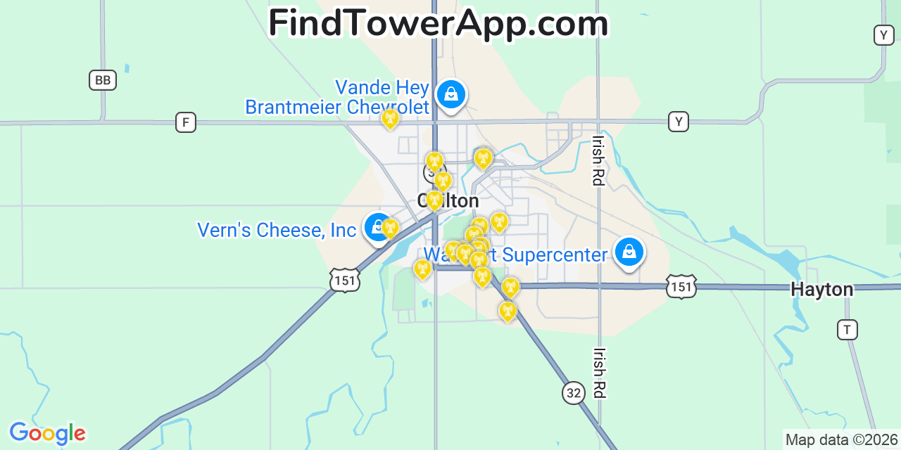 Map showing the 20 primary cell tower locations detected in Chilton, Wisconsin from AT&T, Verizon, and T-Mobile networks