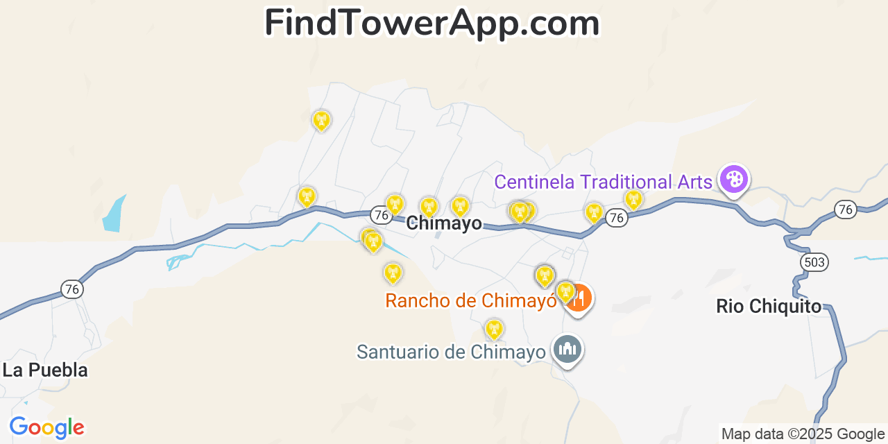 Map showing the 20 primary cell tower locations detected in Chimayo, New Mexico from AT&T, Verizon, and T-Mobile networks