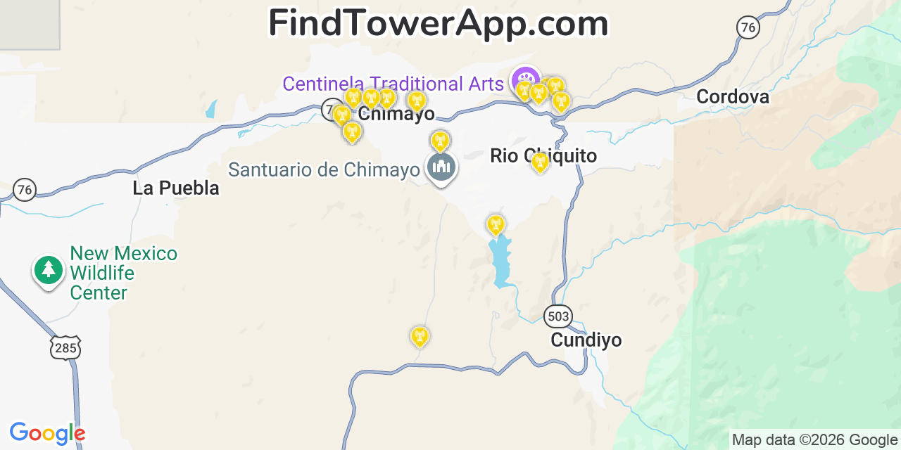 Map showing the 20 primary cell tower locations detected in Chimayo, New Mexico from AT&T, Verizon, and T-Mobile networks