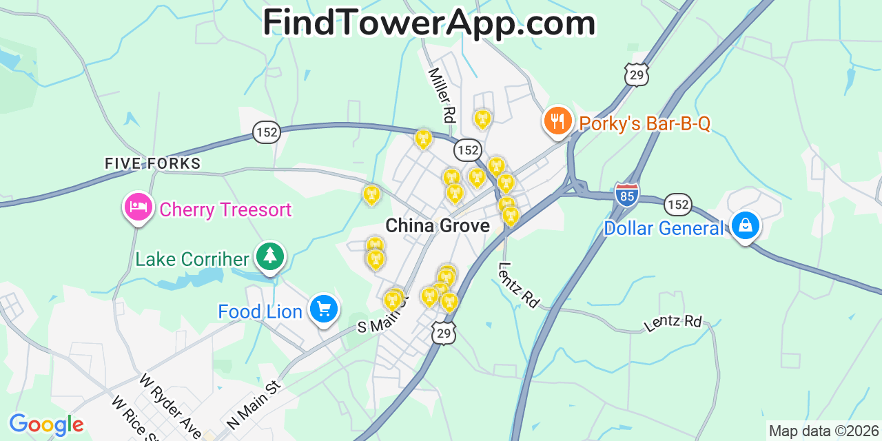 Map showing the 20 primary cell tower locations detected in China Grove, North Carolina from AT&T, Verizon, and T-Mobile networks