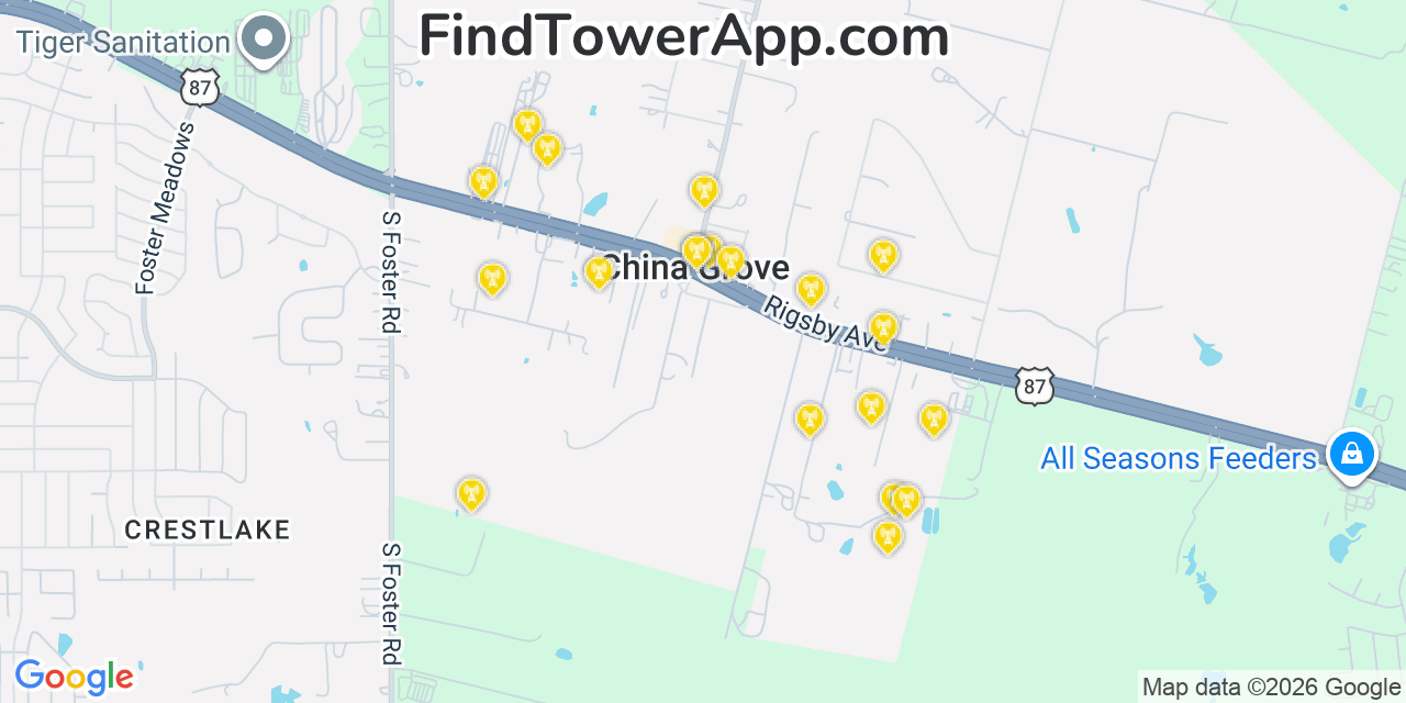 Map showing the 20 primary cell tower locations detected in China Grove, Texas from AT&T, Verizon, and T-Mobile networks