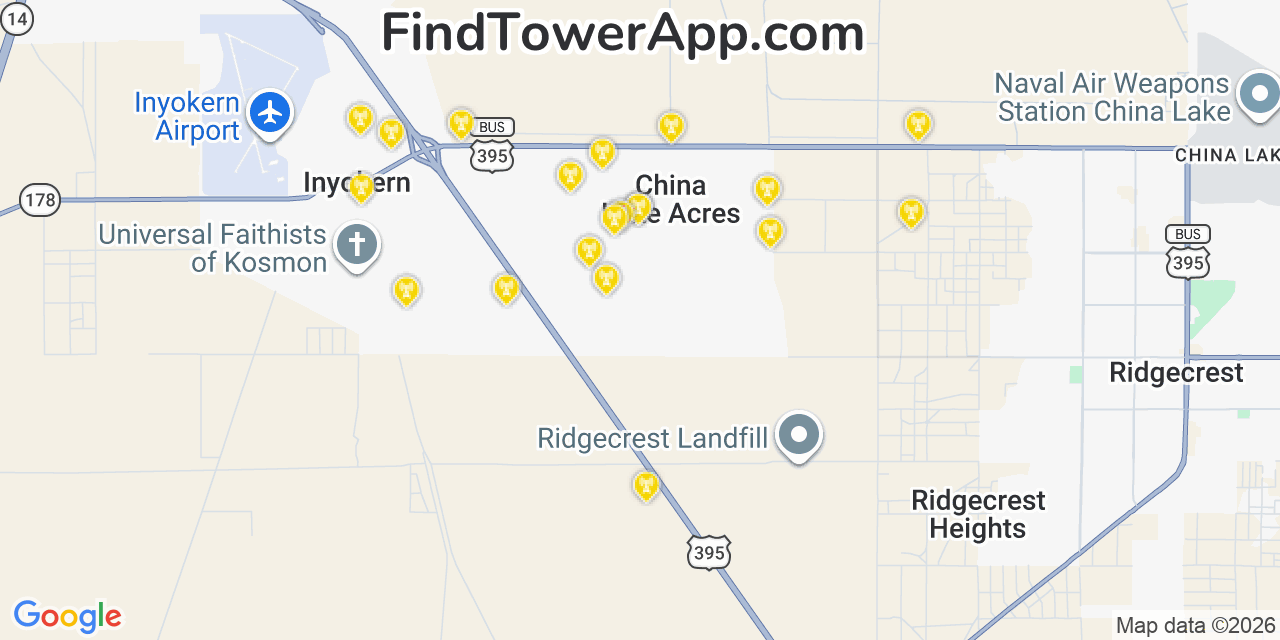 Map showing the 20 primary cell tower locations detected in China Lake Acres, California from AT&T, Verizon, and T-Mobile networks