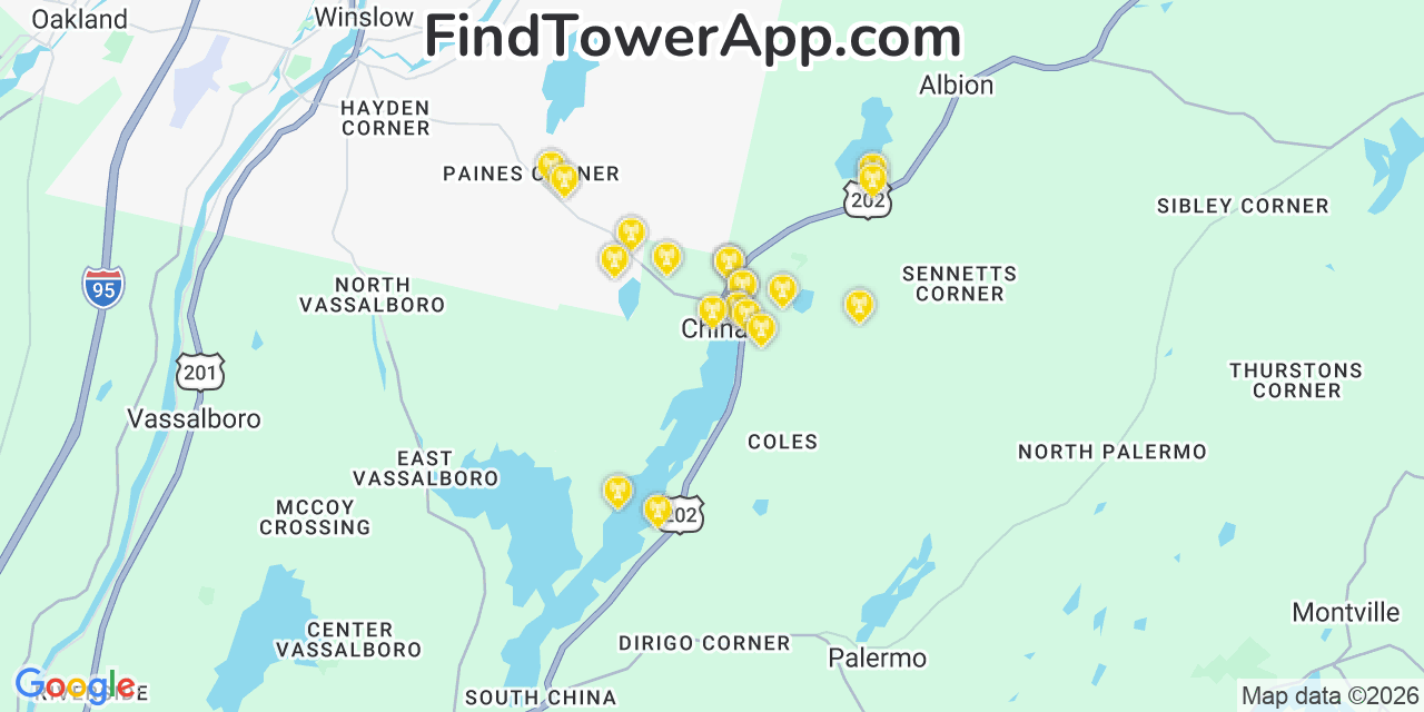 Map showing the 20 primary cell tower locations detected in China, Maine from AT&T, Verizon, and T-Mobile networks