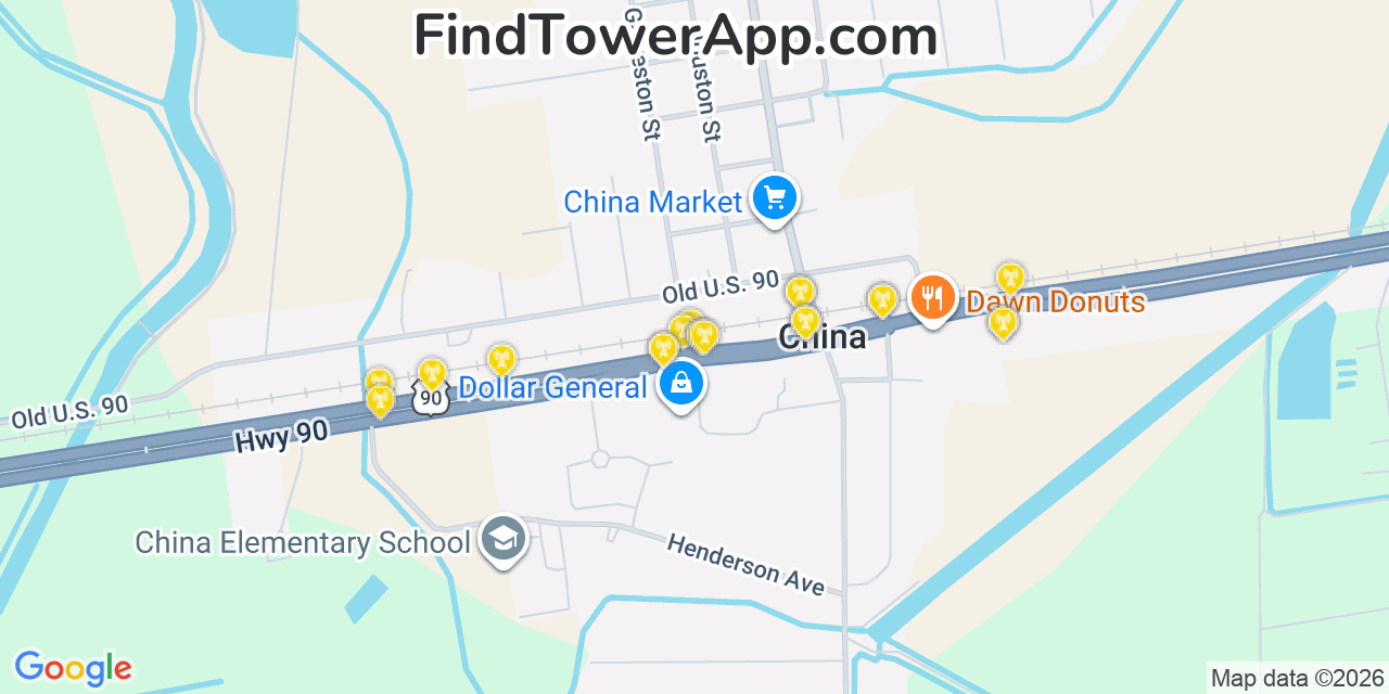 Map showing the 20 primary cell tower locations detected in China, Texas from AT&T, Verizon, and T-Mobile networks