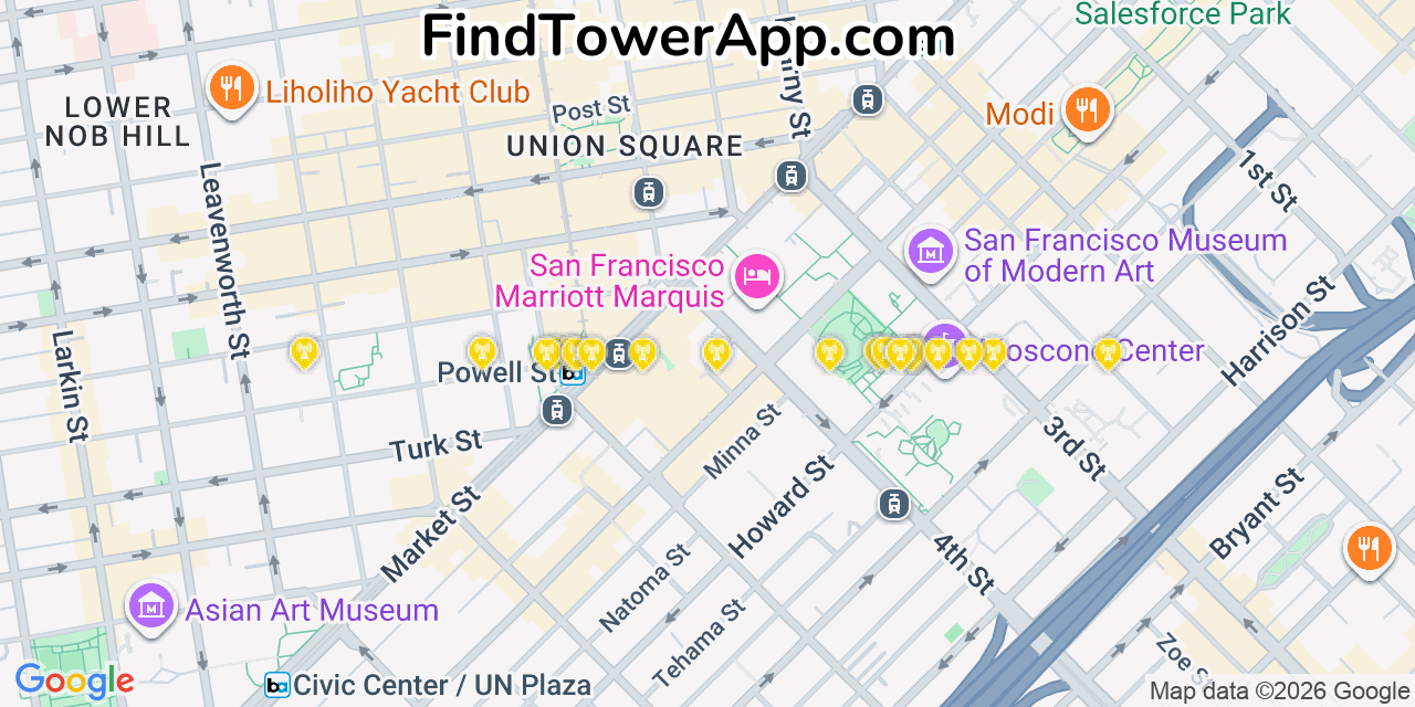 Map showing the 20 primary cell tower locations detected in Chinatown, California from AT&T, Verizon, and T-Mobile networks