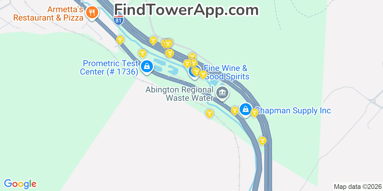 Map showing the 20 primary cell tower locations detected in Chinchilla, Pennsylvania from AT&T, Verizon, and T-Mobile networks