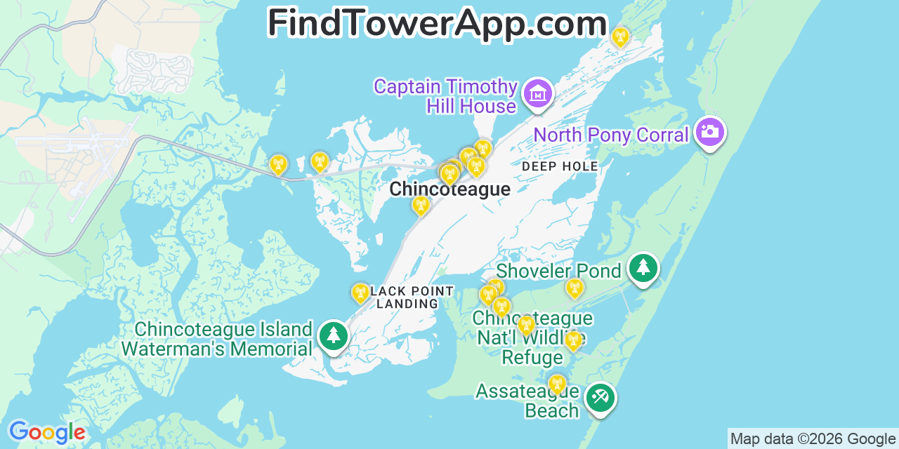 Map showing the 20 primary cell tower locations detected in Chincoteague, Virginia from AT&T, Verizon, and T-Mobile networks