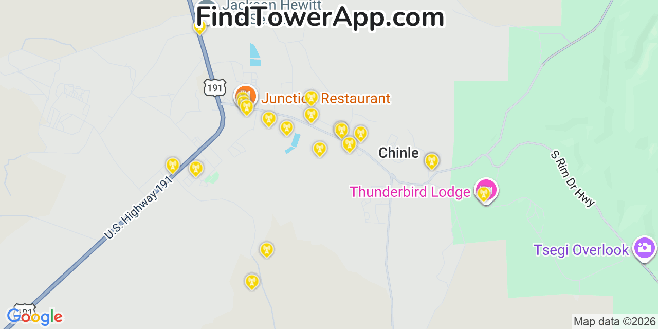 Map showing the 20 primary cell tower locations detected in Chinle, Arizona from AT&T, Verizon, and T-Mobile networks