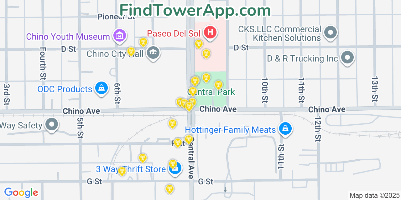 Map showing the 20 primary cell tower locations detected in Chino, California from AT&T, Verizon, and T-Mobile networks