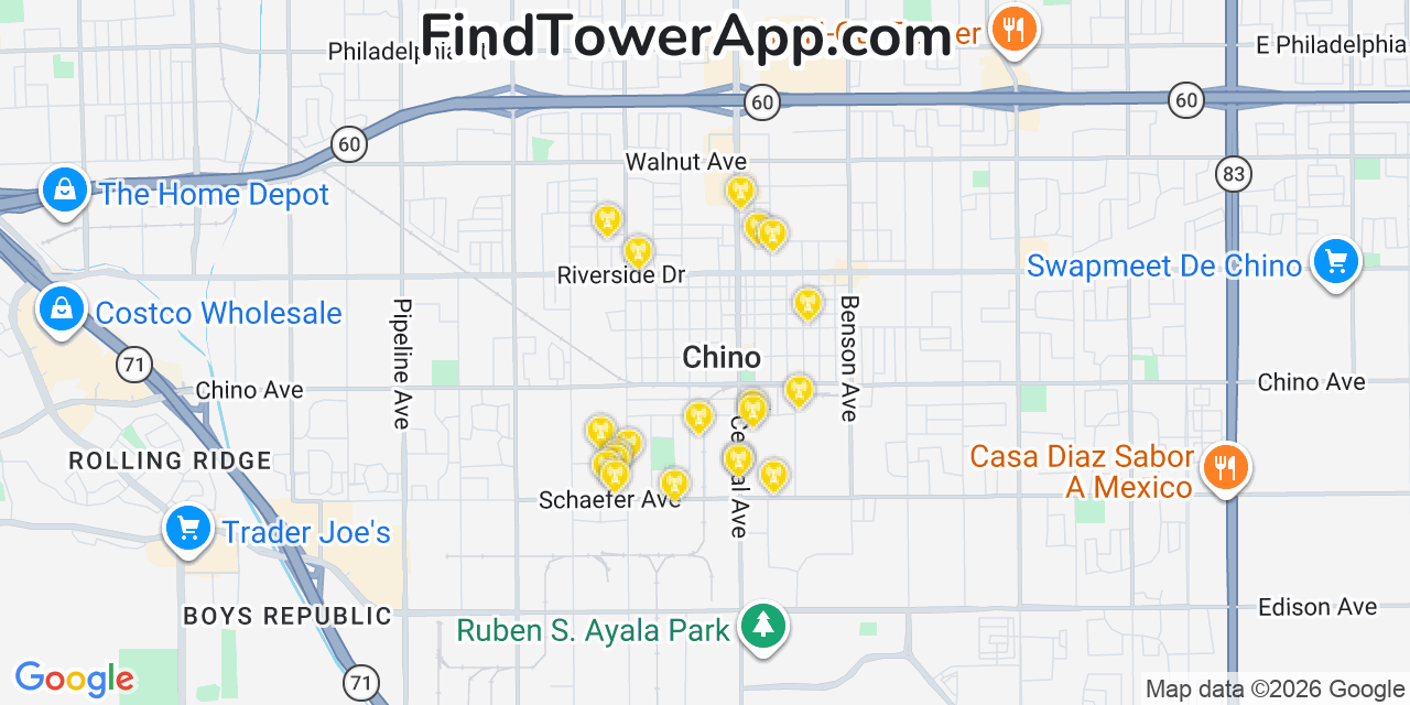 Map showing the 20 primary cell tower locations detected in Chino, California from AT&T, Verizon, and T-Mobile networks