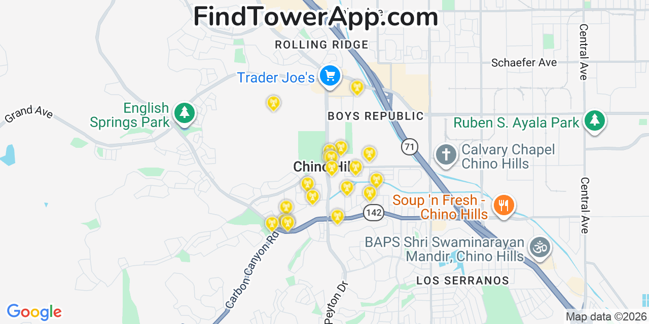Map showing the 20 primary cell tower locations detected in Chino Hills, California from AT&T, Verizon, and T-Mobile networks
