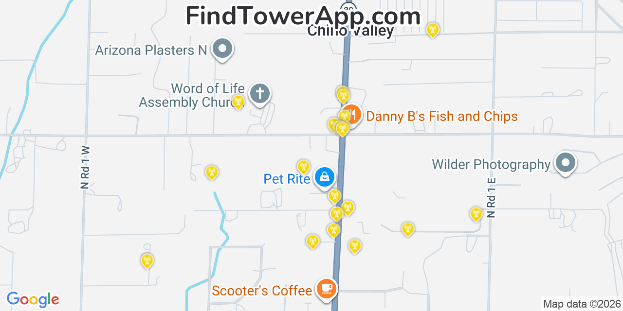 Map showing the 20 primary cell tower locations detected in Chino Valley, Arizona from AT&T, Verizon, and T-Mobile networks