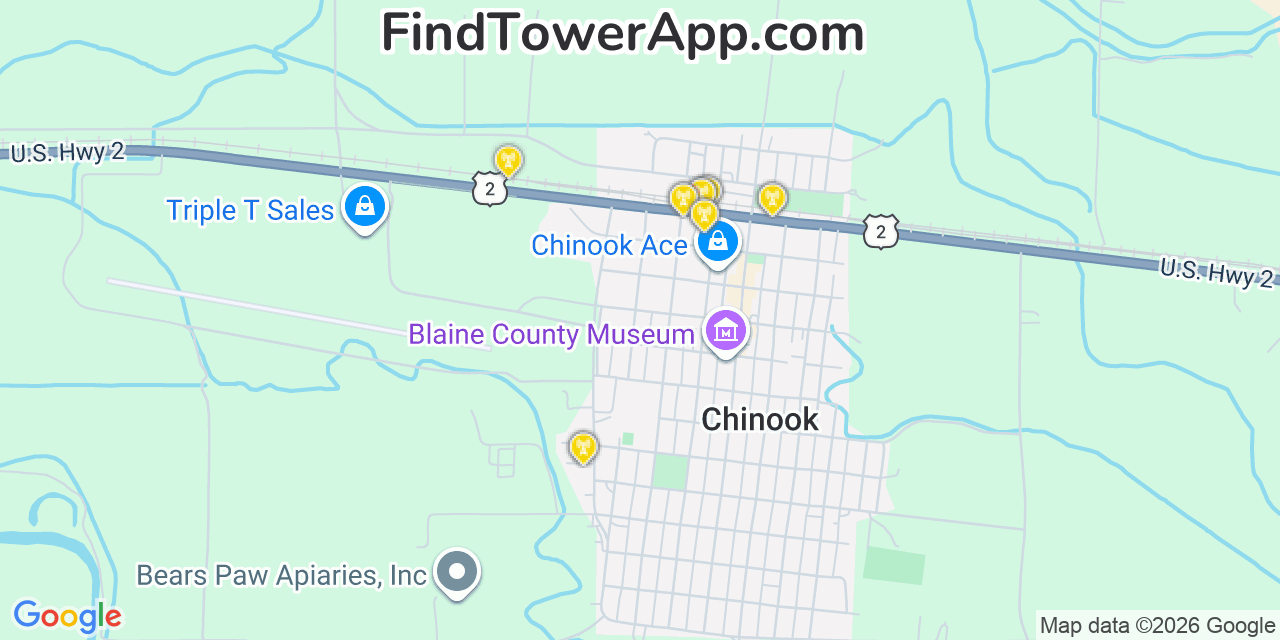 Map showing the 20 primary cell tower locations detected in Chinook, Montana from AT&T, Verizon, and T-Mobile networks